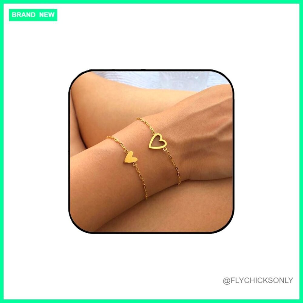 Stainless Steel Heart Charm Friendship Bracelet Set, 9 Inch Length